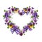 Pansies and bows. Purple summer flowers in the shape of a heart. Watercolor illustration on isolated background.