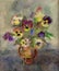 Pansies in a cup, watercolor still life in an impressionistic manne
