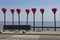 Panske, Ukraine - August 15, 2021: Modern art objects, poppy flower shaped street lights at bus stop with a viewpoint, located on