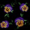 Pansy embroidery flower patch. Stitch texture effect. Traditional floral fashion decorationseamless pattern. Purple violet yellow