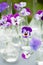 Pansy flowers in chemical glassware, table decoration in garden