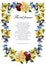 Pansy and roses watercolor page garland frame with flowers blue, yellow and dark red color