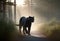 Panther close-up, photography of a Panther in a forest. A black jaguar walking through a jungle stream with green plants and trees