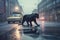 A panther running down a city street in the rain with a car behind it and a sign on the side of the road