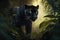 panther slinking through lush jungle, its black fur shining in the light