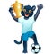 A panther in uniform standing on the ball and cheering with goblet