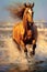 A panting of a horse running through water, dynamic, movement, beautiful oil painting