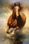 A panting of a horse running through water, dynamic, movement, beautiful oil painting