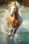 A panting of a horse running through water, dynamic, movement, beautiful oil painting