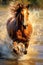 A panting of a horse running through water, dynamic, movement, beautiful oil painting