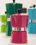 Pantone moka pots on display at HOMI, home international show in Milan, Italy