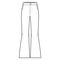 Pants bell-bottom technical fashion illustration with normal waist, high rise, slant pockets, wide legs, full length.