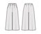 Pants capri technical fashion illustration with low waist, rise, single pleat, mid-calf length, wide legs, seam pockets