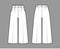 Pants capri technical fashion illustration with low waist, rise, single pleat, mid-calf length, wide legs, seam pockets