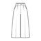 Pants capri technical fashion illustration with normal waist, single pleat, mid-calf length, wide legs, seam pockets