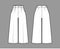 Pants capri technical fashion illustration with normal waist, single pleat, mid-calf length, wide legs, seam pockets