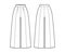 Pants gaucho technical fashion illustration with low normal waist, high rise, single pleat, cropped length, seam pockets