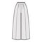 Pants gaucho technical fashion illustration with low normal waist, high rise, single pleat, cropped length, seam pockets