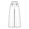 Pants gaucho technical fashion illustration with low waist, rise, pleated, ankle cropped length, seam pockets. Flat