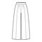Pants gaucho technical fashion illustration with low waist, rise, single pleat, ankle cropped length, seam pockets.