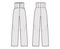 Pants high-waisted technical fashion illustration with full length, pockets, bottom closure, round pockets. Flat trouser