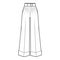 Pants oxford tailored technical fashion illustration with normal low waist, rise, full length, double pleat, pockets.