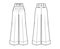 Pants oxford tailored technical fashion illustration with normal low waist, rise, full length, double pleat, pockets.