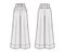 Pants oxford tailored technical fashion illustration with normal low waist, rise, full length, double pleat, pockets.