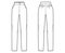 Pants slim fitted straight technical fashion illustration with normal waist, high rise, full length, slashed pockets