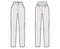 Pants slim fitted straight technical fashion illustration with normal waist, high rise, full length, slashed pockets