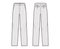 Pants straight silhouette technical fashion illustration with flat front, low waist, rise, full length, slant pockets