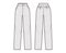 Pants straight technical fashion illustration with flat front, normal waist, high rise, full length, slant, flap pockets