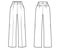 Pants tailored technical fashion illustration with extended normal waist, rise, full length, slant, flap pockets
