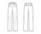 Pants tailored technical fashion illustration with low waist, rise, slant slashed flap pockets, double pleat, belt loops