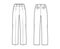 Pants tailored technical fashion illustration with low waist, rise, slant slashed flap pockets, single pleat, belt loops