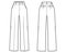 Pants tailored technical fashion illustration with normal waist, high rise, full length, slant, flap pockets Flat bottom