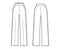 Pants tuxedo technical fashion illustration with extended normal waist, rise, full length, pockets, side satin stripe