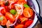 Panzanella: Italian salad with tomatoes, ciabatta bread, olives, red onion and basil closeup