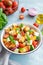 Panzanella salad, Italian bread and fresh vegetable salad. Copy space