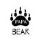 Papa bear black paw symbol. Simple forest logo with text. Bear paw silhouette. Wild icon. Vector