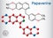 Papaverine molecule. It is opium alkaloid antispasmodic drug. Structural chemical formula and molecule model. Sheet of paper in a