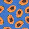 Papaya fruits seamless pattern on blue background, Fresh organic food, Summer pattern background