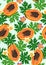 Papaya fruits seamless pattern on pastel blue background with leaves and frangipani flower, Fresh organic food, Tropical