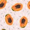 Papaya fruits seamless pattern on pastel pink background with gray grass, Fresh organic food, Tropical fruit vector