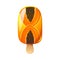 Papaya ice cream, fruit popsicle on a wooden stick with papaya pieces. Summer cold dessert, frozen juice, fruit ice.