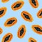 Papaya in seamless pattern. Tropical hand drawn illustration with oil effect. On blue background. Texture for print