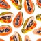 Papaya watercolor seamless pattern. Bright tropical fruit isolated.