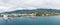 Papeete city, island of Tahiti, French Polynesia. Aerial view of city skyline, sea port and marine.