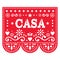Papel Picado casa home in Spanish vector design for housewarming party, home decor, red Mexican paper cut out decoration with fl