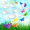 Paper airplanes with clouds on on a Natural green abstract Background